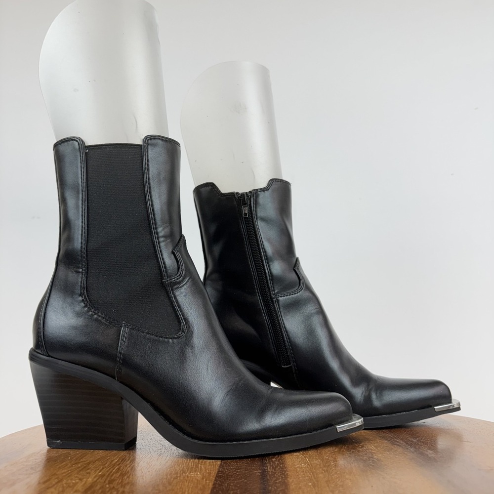 Womens Open Edit Braxton Black Faux Leather Western Chelsea Ankle Boots Size 7 M
